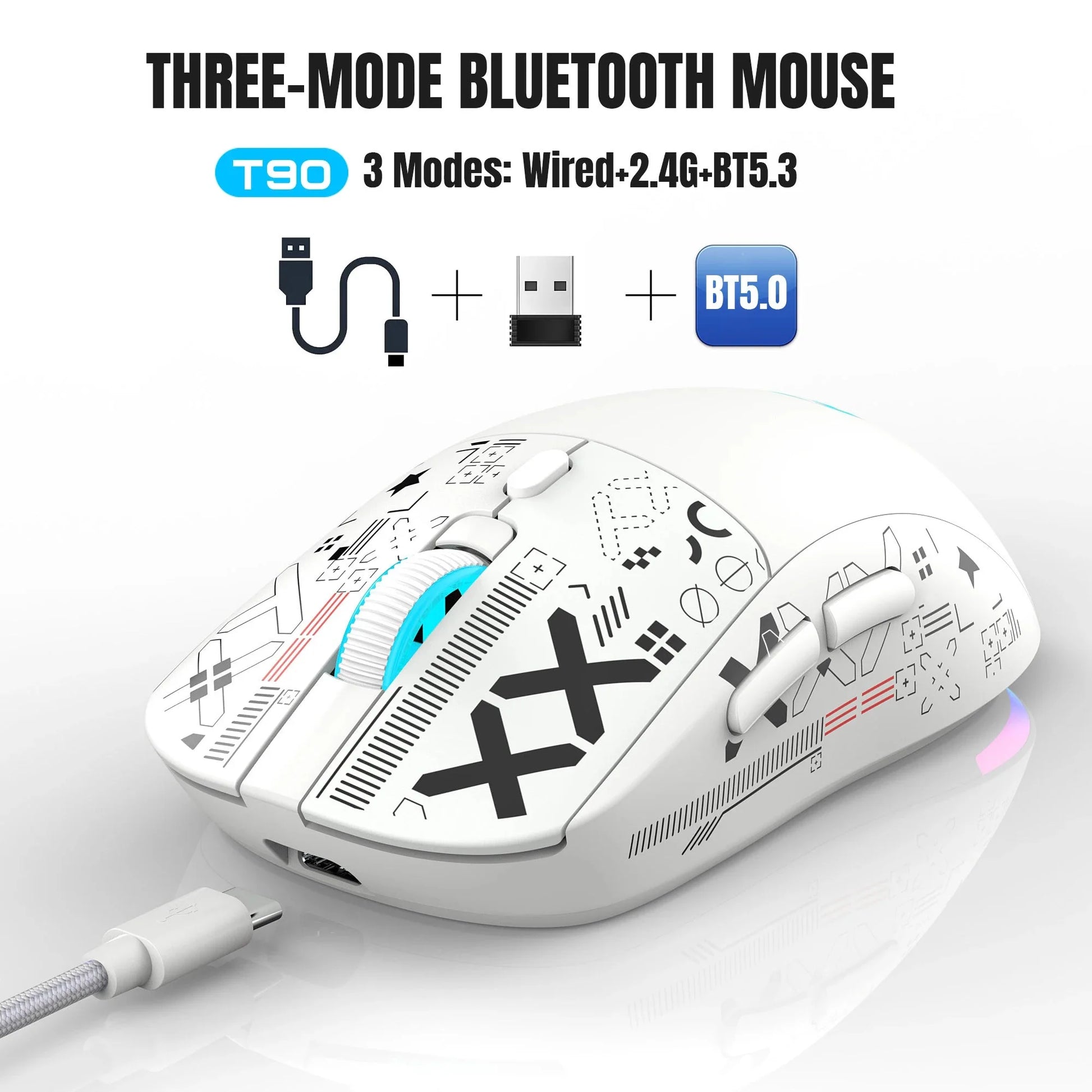 Popular HXSJ T90 2.4G 3-mode silent buttons ergonomic Colorful RGB Backlit 650mAh rechargeable wireless gaming mouse for laptop Nevolta