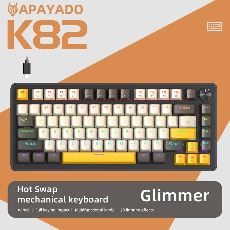 75% Mechanical Keyboard Wired with Media Knob, APAYADO Black Gaming Keyboard,Hot-Swap,ABS Cap Transparent Character Backlighting Nevolta
