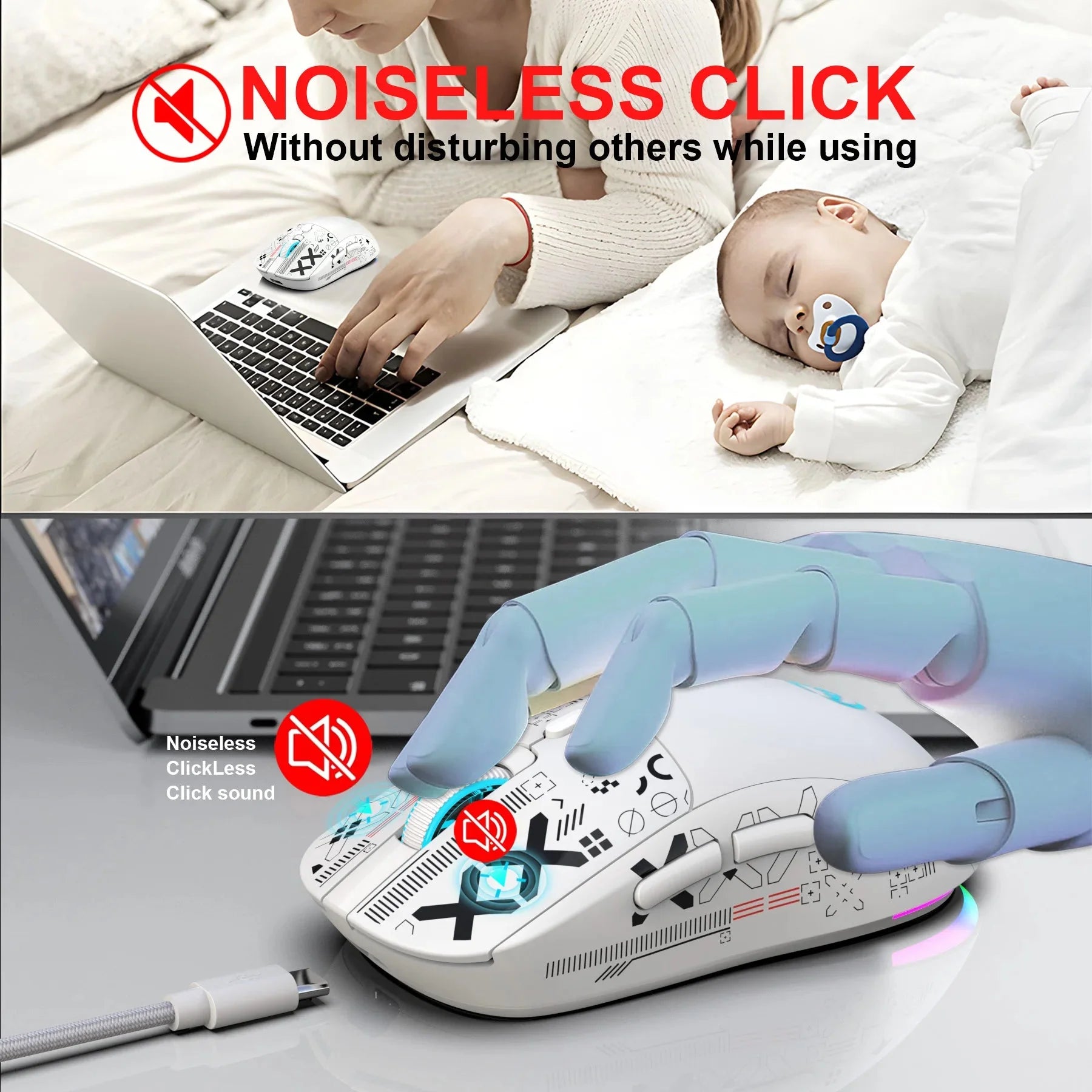 Popular HXSJ T90 2.4G 3-mode silent buttons ergonomic Colorful RGB Backlit 650mAh rechargeable wireless gaming mouse for laptop Nevolta