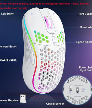 2.4G Wireless RGB Lighting Charging Mouse with Adjustable DPI Ergonomic Honeycomb Design Gaming Mouse for Desktop Laptop Nevolta