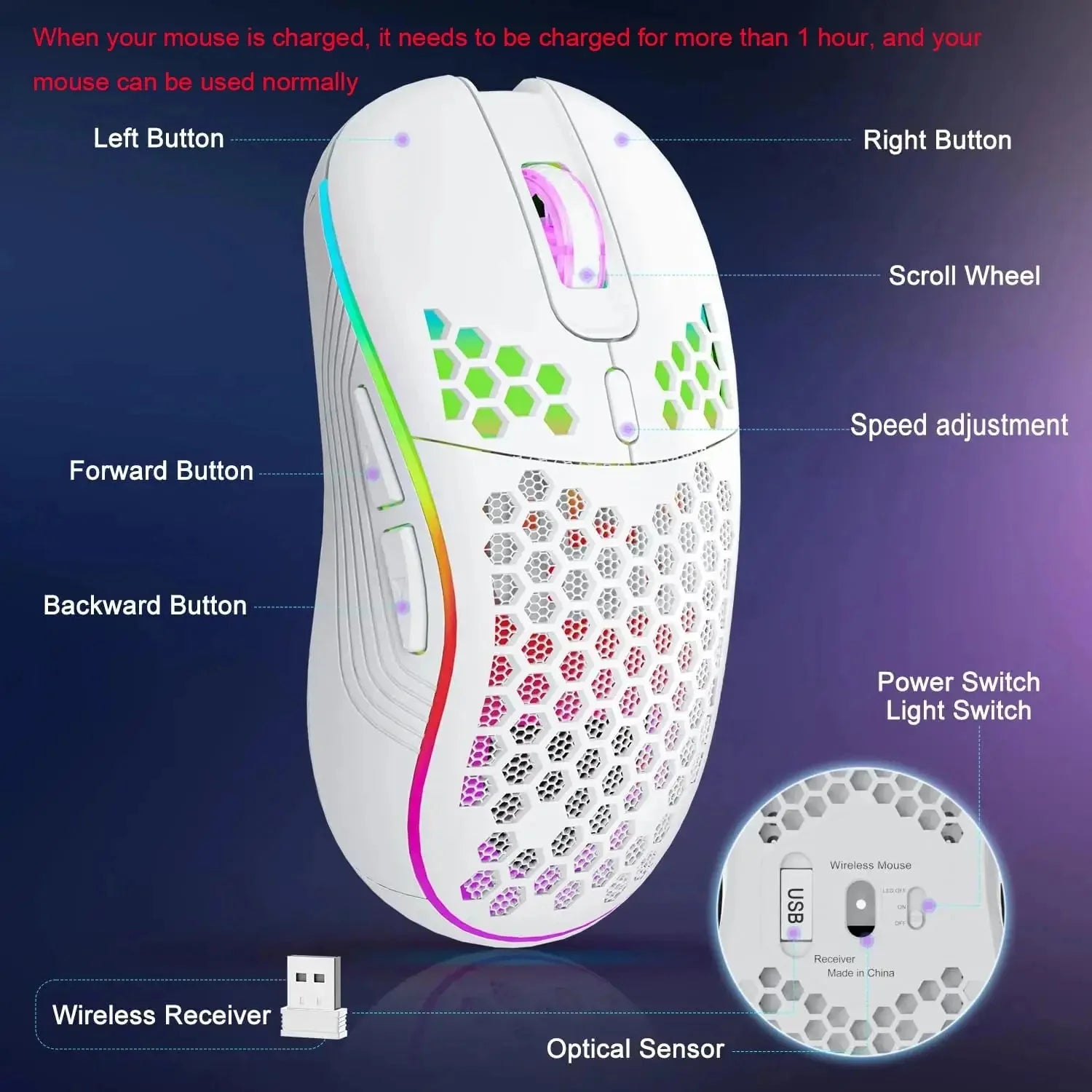 2.4G Wireless RGB Lighting Charging Mouse with Adjustable DPI Ergonomic Honeycomb Design Gaming Mouse for Desktop Laptop Nevolta
