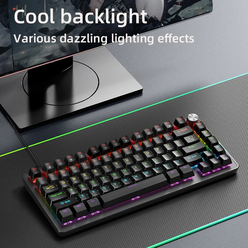 75% Mechanical Keyboard Wired with Media Knob, APAYADO Black Gaming Keyboard,Hot-Swap,ABS Cap Transparent Character Backlighting Nevolta