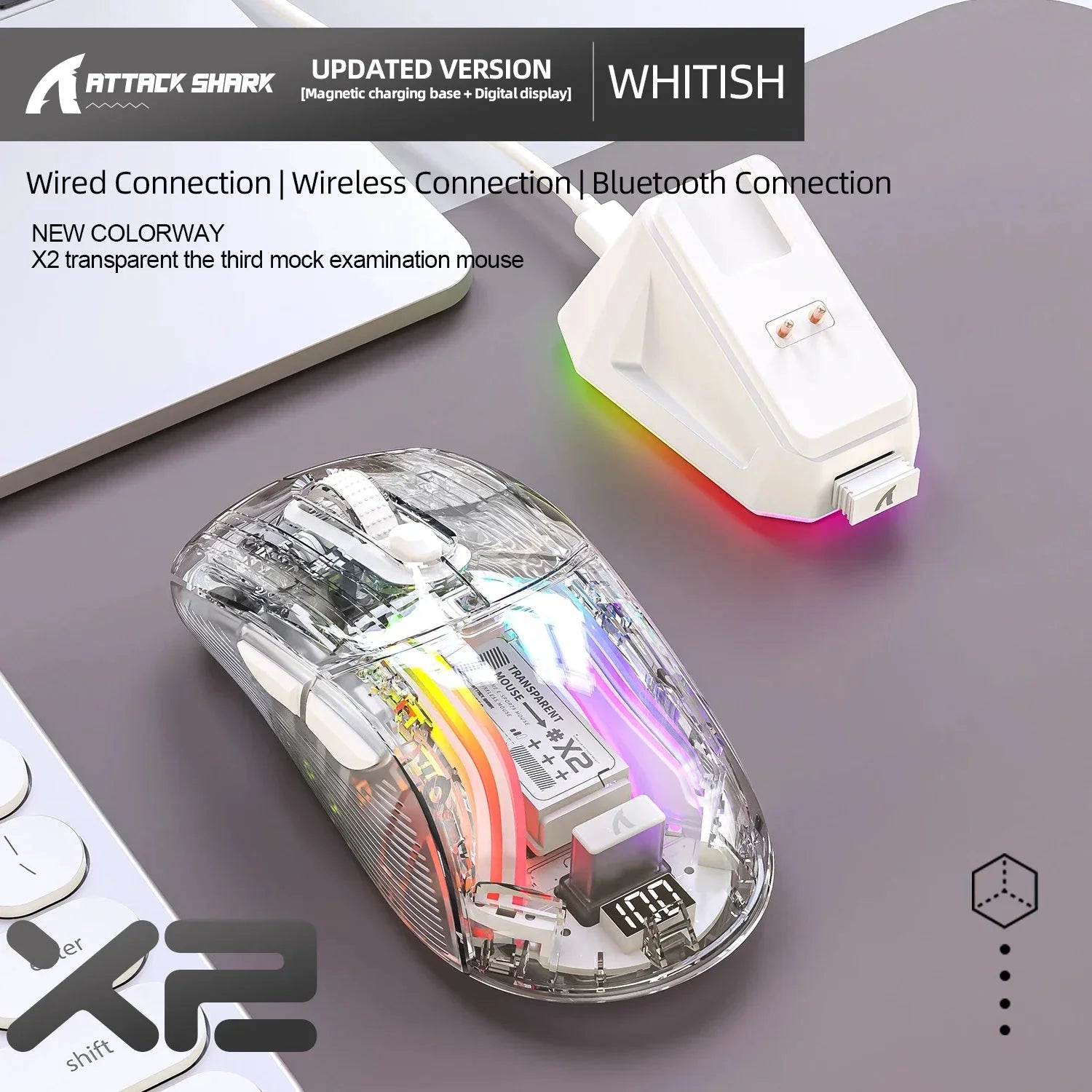 Attack Shark X2 Pro Magnetic Charging  Bluetooth Mouse, Tri-Mode , RGB Lights, Transparent, Battery Indicator, Computer Phone Nevolta