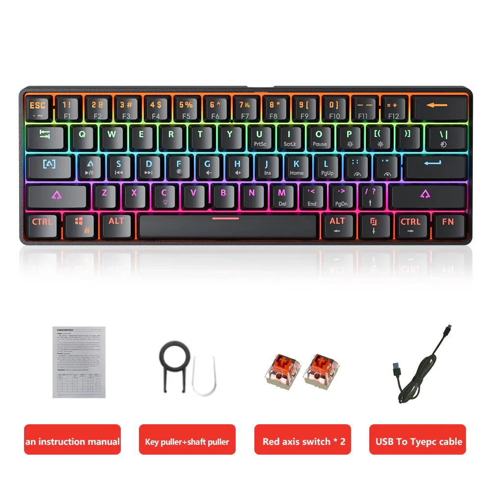 MUCAI MK61 USB Gaming Esports Mechanical Keyboard 61 Key Red Axis Wired Detachable Cable RGB Backlight Hot Swap Nevolta