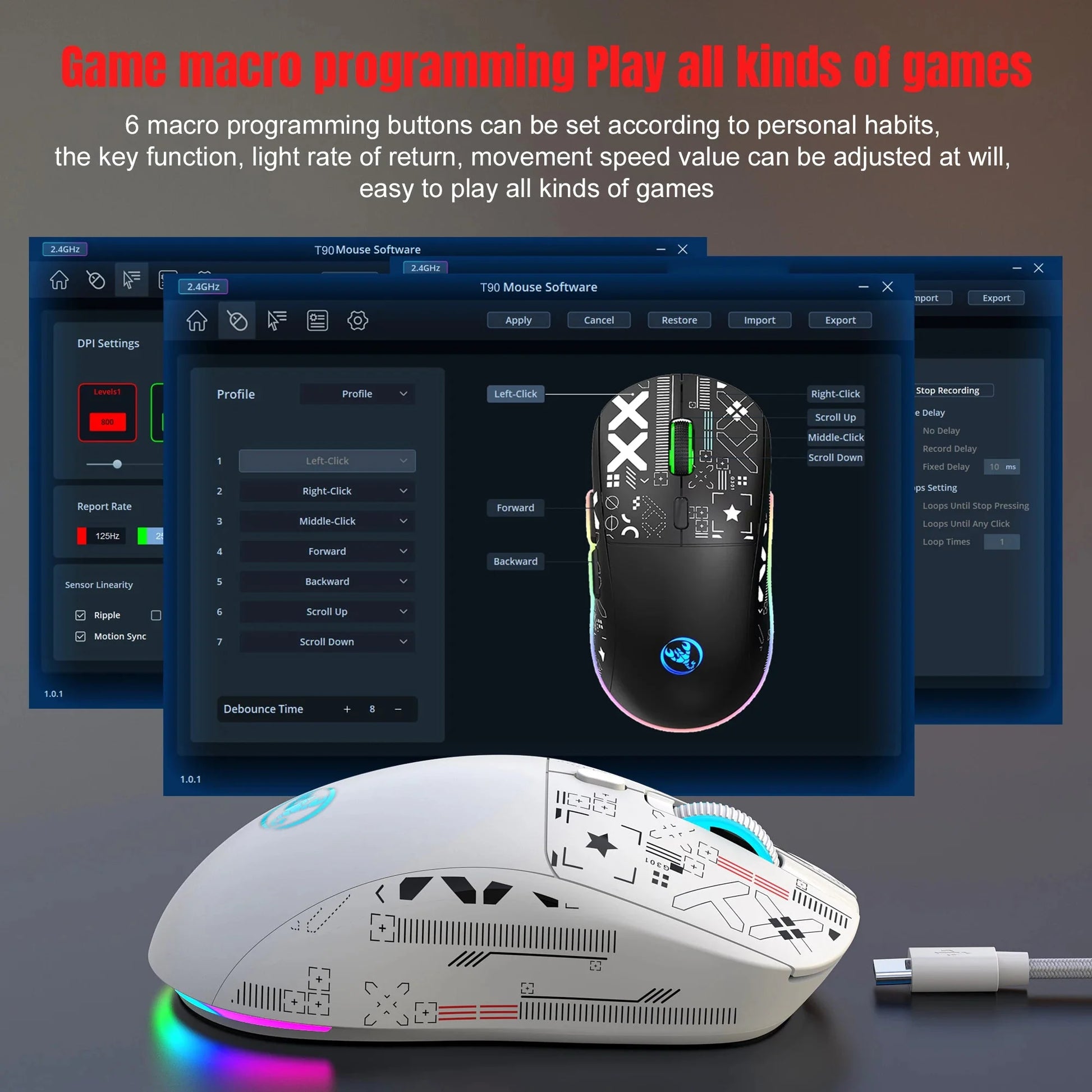 Popular HXSJ T90 2.4G 3-mode silent buttons ergonomic Colorful RGB Backlit 650mAh rechargeable wireless gaming mouse for laptop Nevolta