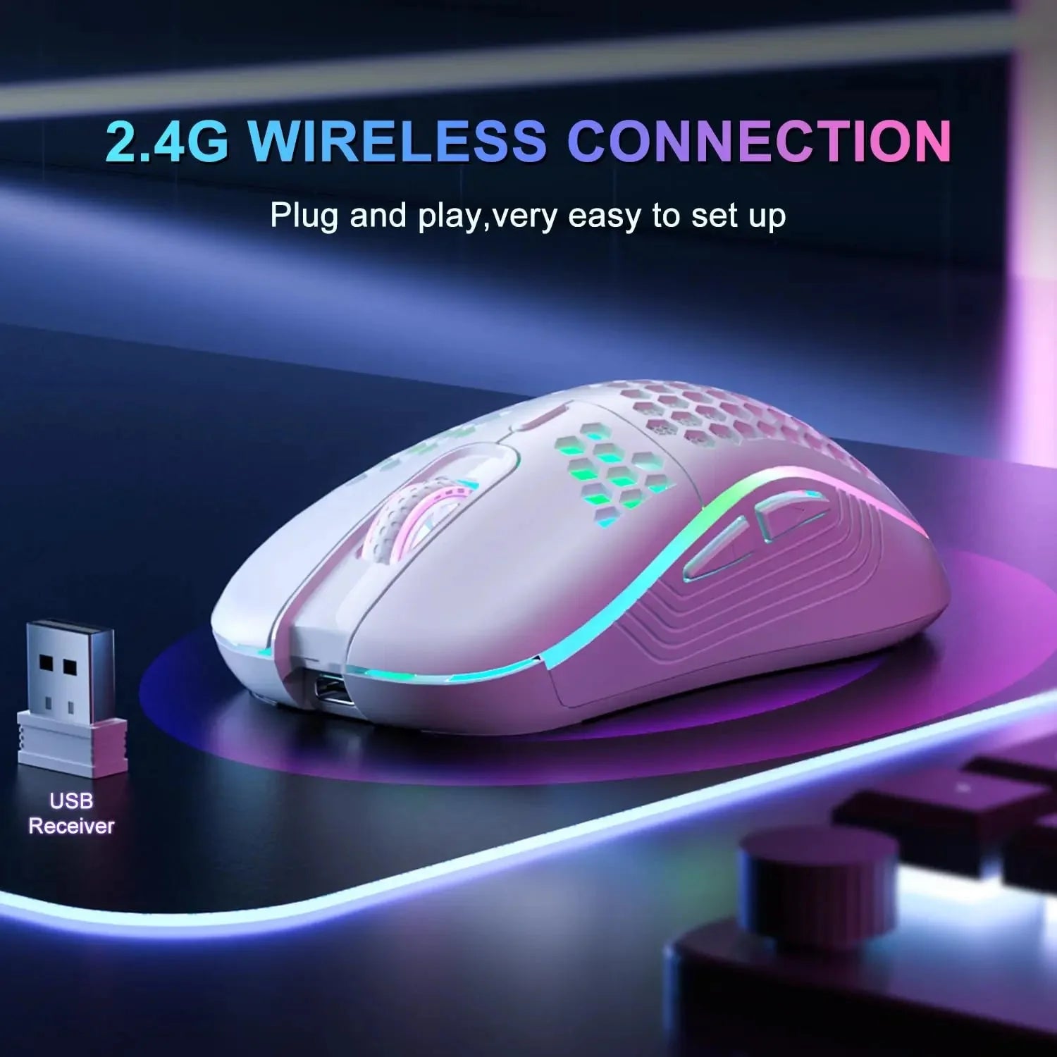 2.4G Wireless RGB Lighting Charging Mouse with Adjustable DPI Ergonomic Honeycomb Design Gaming Mouse for Desktop Laptop Nevolta