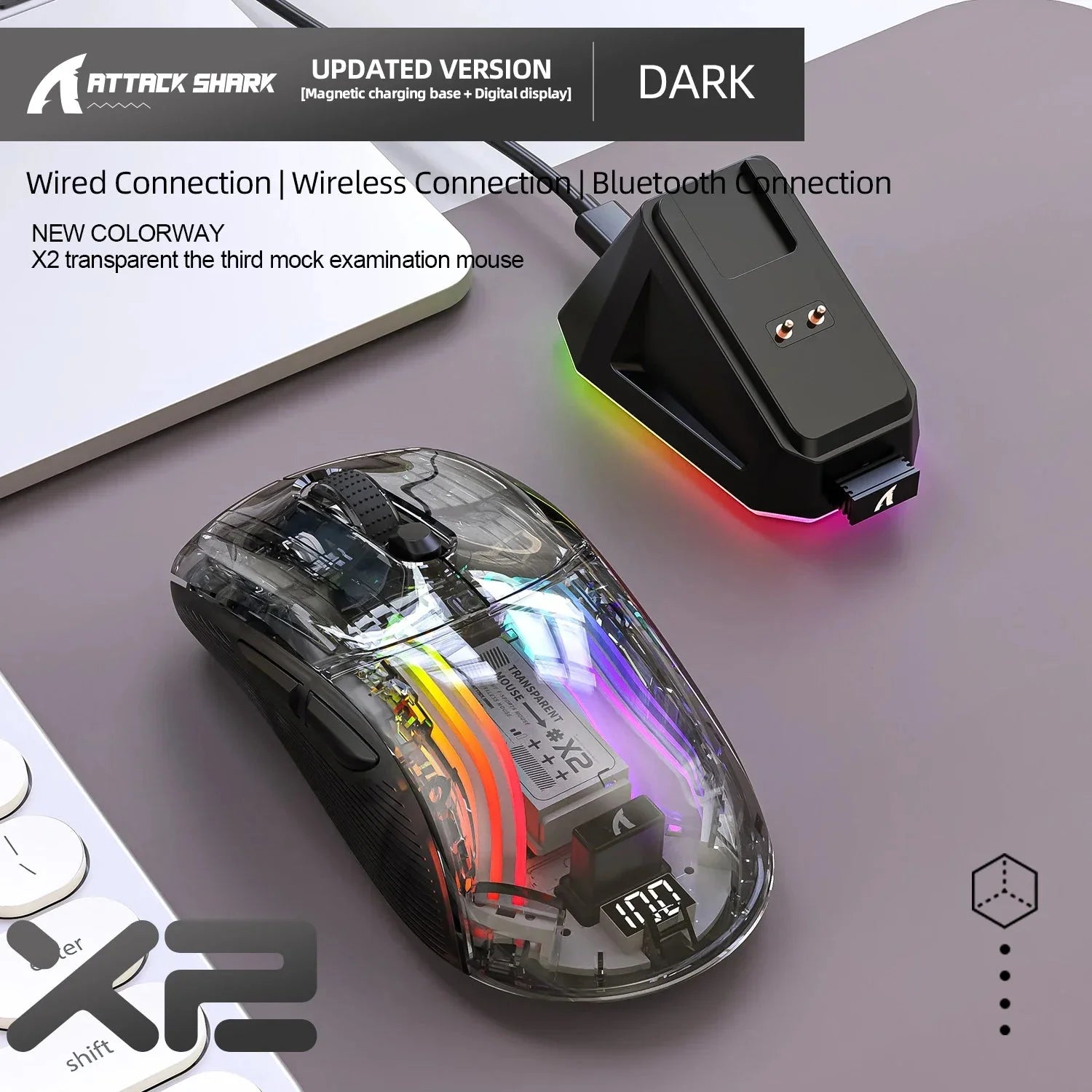 Attack Shark X2 Pro Magnetic Charging  Bluetooth Mouse, Tri-Mode , RGB Lights, Transparent, Battery Indicator, Computer Phone Nevolta
