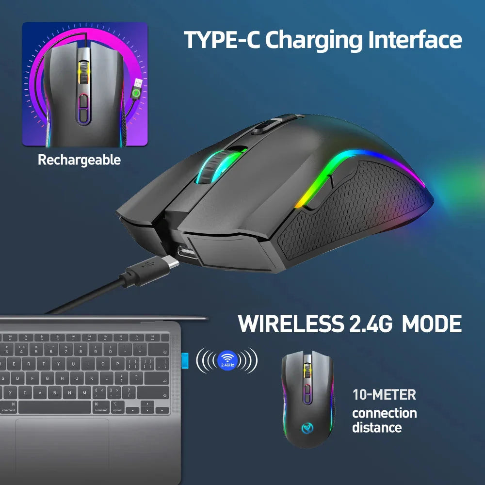 HXSJ T69 ergonomics Portable Cordless 2.4G Rgb Wireless gaming Mouse Laptop Computer Wireless Mouse for game pc Nevolta