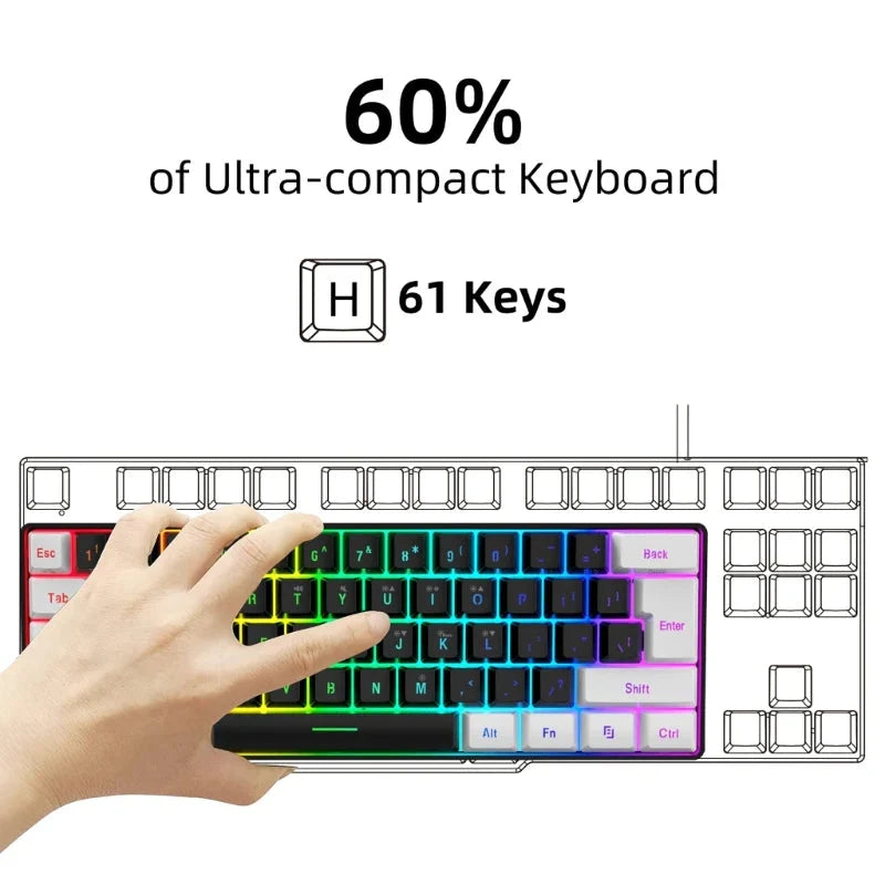 USB Wired Gaming Keyboard 61 Keys Compact Mini Office Keyboard for PC and Desktop Computer Keypad Compound Function Nevolta