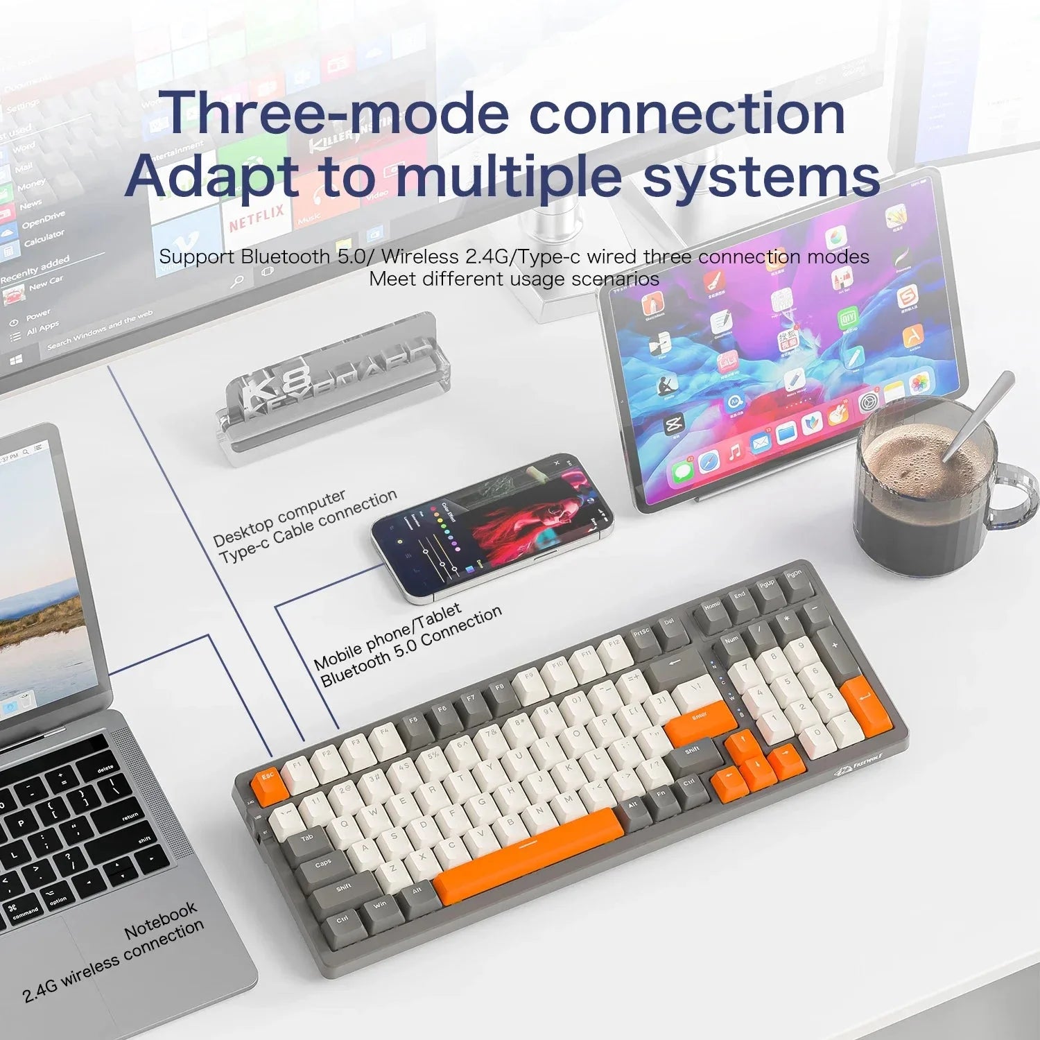 K8 100 Key Wireless Mechanical Keyboard Tri-mode Connection,Full Key Hot Swap,lighting Effects,Gasket Muffler Structure, Laptops Nevolta