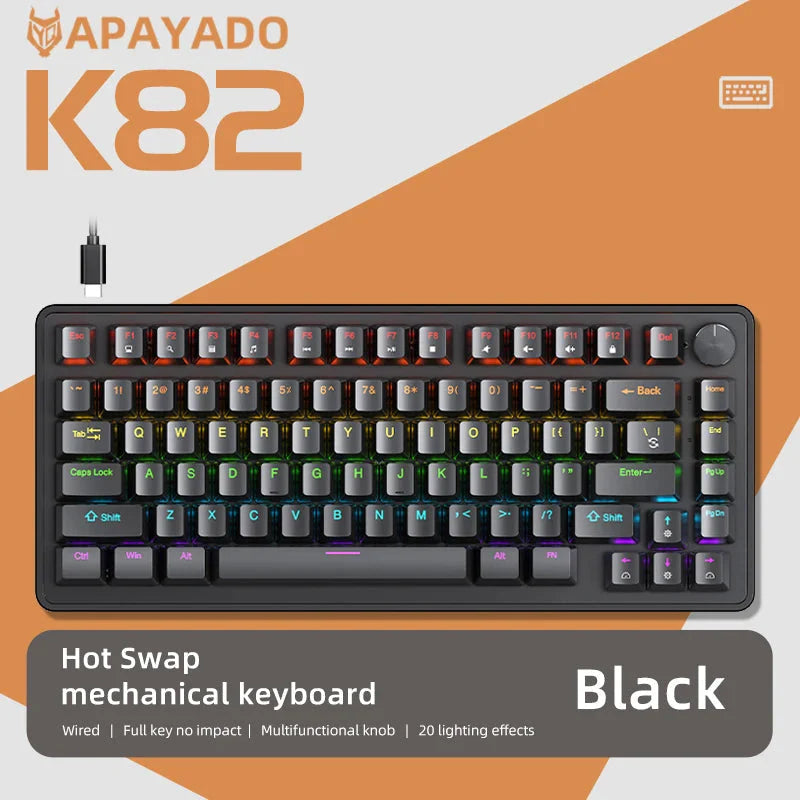 75% Mechanical Keyboard Wired with Media Knob, APAYADO Black Gaming Keyboard,Hot-Swap,ABS Cap Transparent Character Backlighting Nevolta