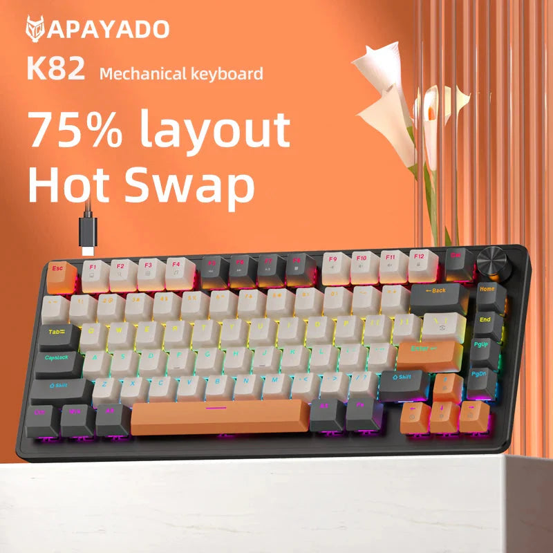 75% Mechanical Keyboard Wired with Media Knob, APAYADO Black Gaming Keyboard,Hot-Swap,ABS Cap Transparent Character Backlighting Nevolta