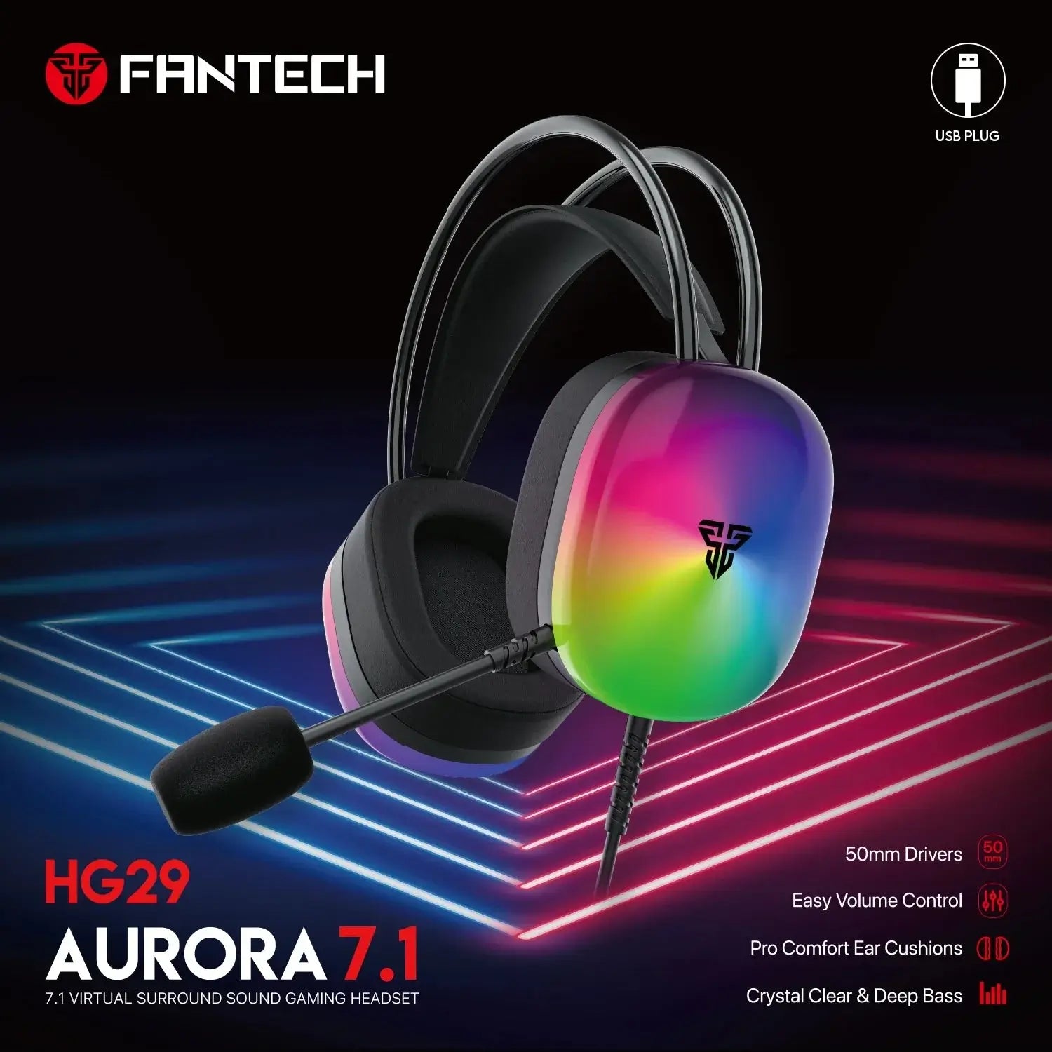 FANTECH AURORA 7.1 HG29 Wired Headset 7.1 Virtual Surround Sound and Sotf RGB 50MM Drivers Headphones with Microphone for PC Nevolta